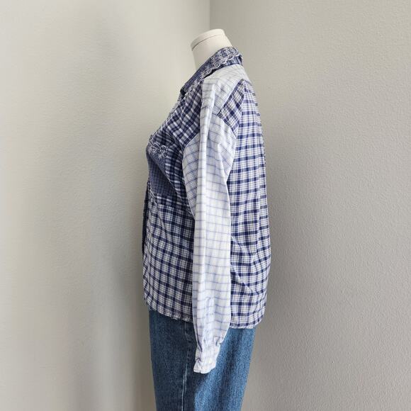 Vintage Woolrich Patchwork Blue White Plaid Button Down Shirt Cabincore L - Picture 4 of 7